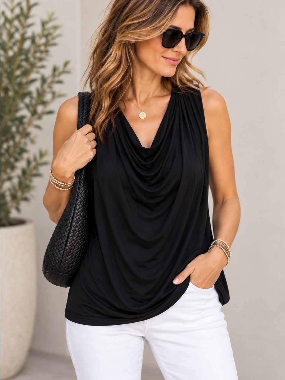 Michael Stars Black Sleeveless Drape Neck Tee
